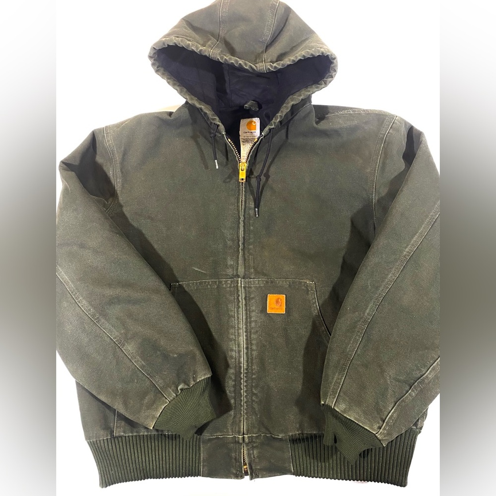 Vintage Carhartt J130 MOS Size Large Moss Green Canvas Hooded Quilted Rare